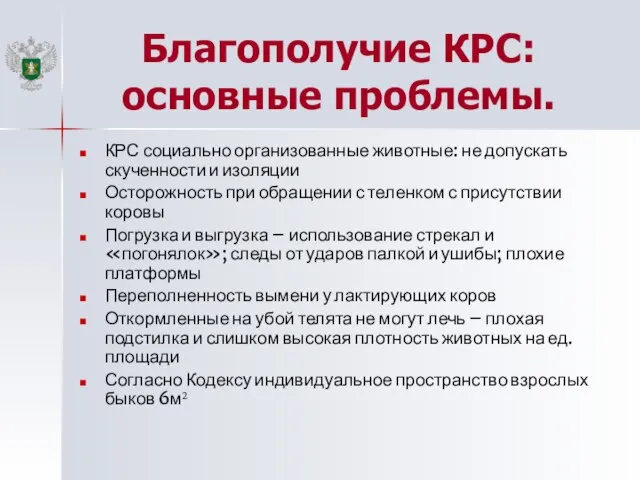 Благополучие КРС: основные проблемы. КРС социально организованные животные: не допускать скученности