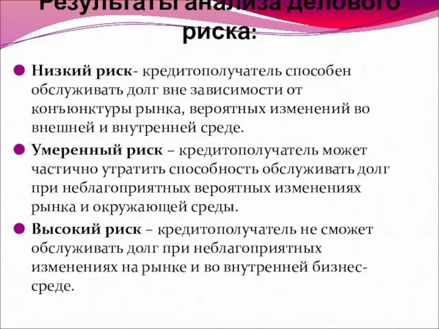 Результаты анализа делового риска: Низкий риск- кредитополучатель способен обслуживать долг вне