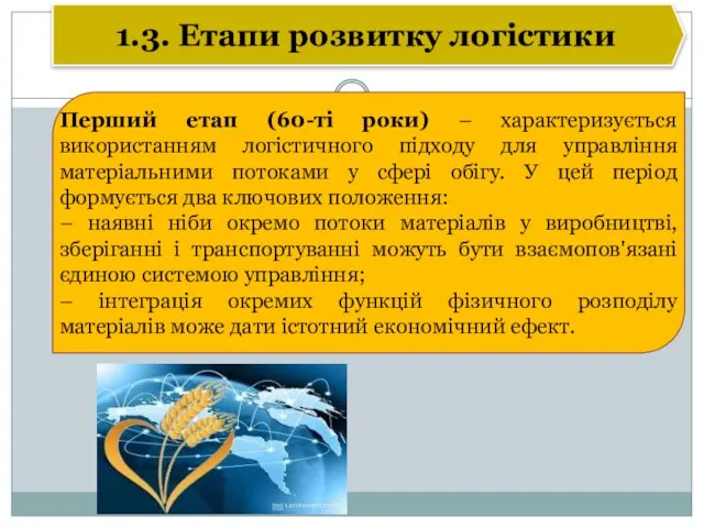 1.3. Етапи розвитку логістики Перший етап (60-ті роки) – характеризується використанням