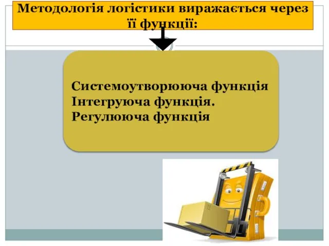 Методологія логістики виражається через її функції: Системоутворююча функція Інтегруюча функція. Регулююча функція