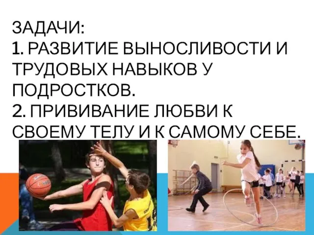 ЗАДАЧИ: 1. РАЗВИТИЕ ВЫНОСЛИВОСТИ И ТРУДОВЫХ НАВЫКОВ У ПОДРОСТКОВ. 2. ПРИВИВАНИЕ