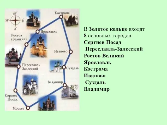 В Золотое кольцо входят 8 основных городов — Сергиев Посад Переславль-Залесский