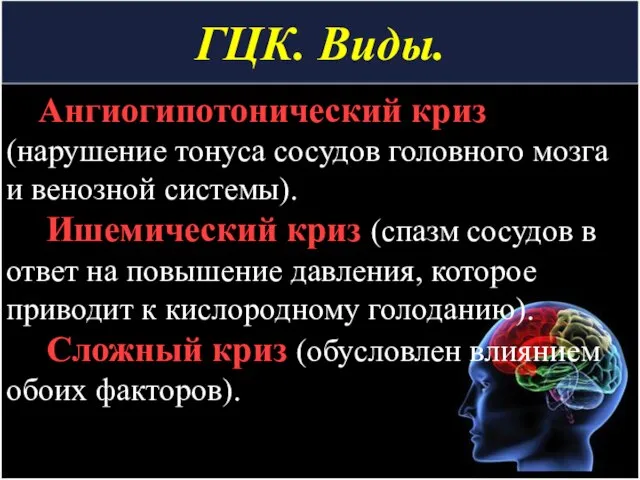 ГЦК. Виды. Ангиогипотонический криз (нарушение тонуса сосудов головного мозга и венозной