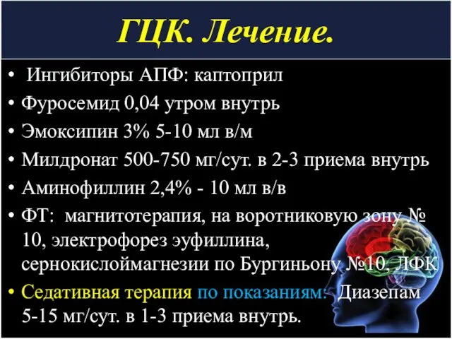 ГЦК. Лечение. Ингибиторы АПФ: каптоприл Фуросемид 0,04 утром внутрь Эмоксипин 3%