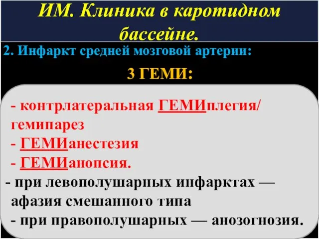 ИМ. Клиника в каротидном бассейне. 2. Инфаркт средней мозговой артерии: 3