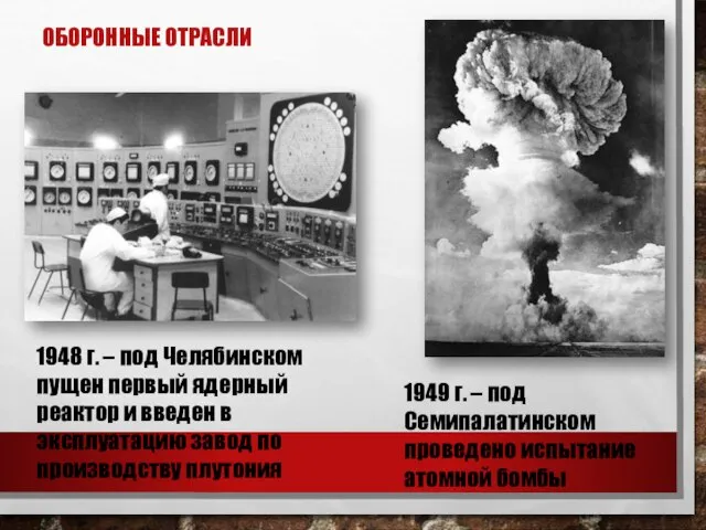 ОБОРОННЫЕ ОТРАСЛИ 1948 г. – под Челябинском пущен первый ядерный реактор