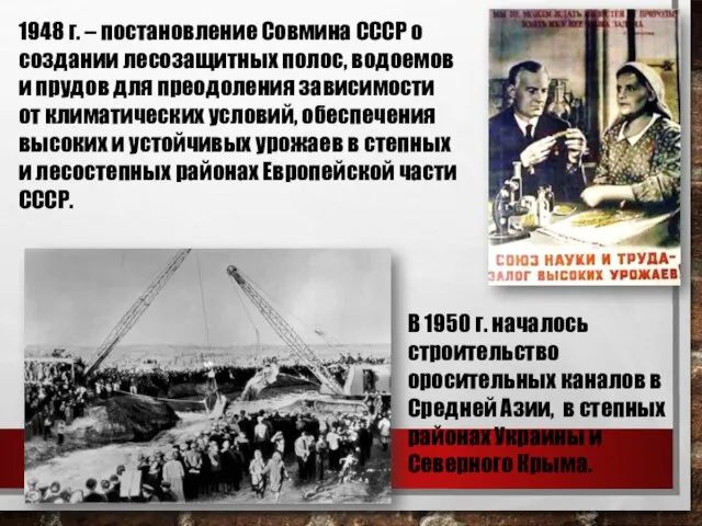 1948 г. – постановление Совмина СССР о создании лесозащитных полос, водоемов