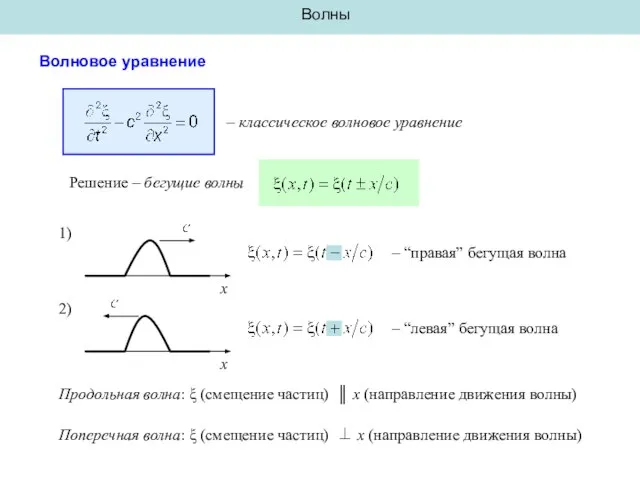 Волны Волновое уравнение – классическое волновое уравнение Решение – бегущие волны