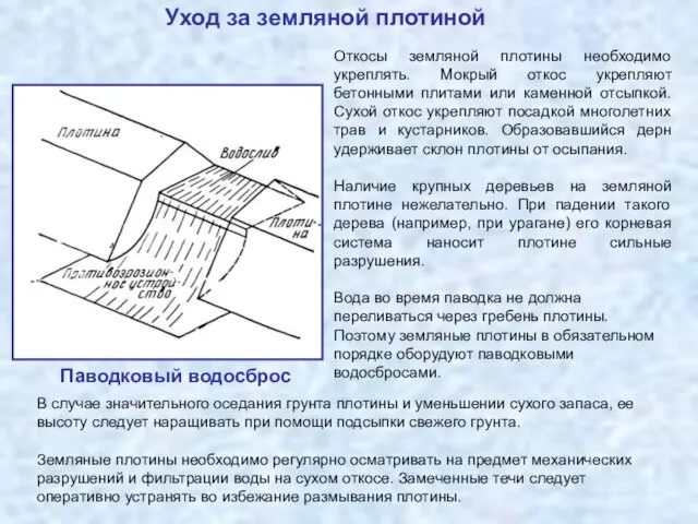 Уход за земляной плотиной Откосы земляной плотины необходимо укреплять. Мокрый откос