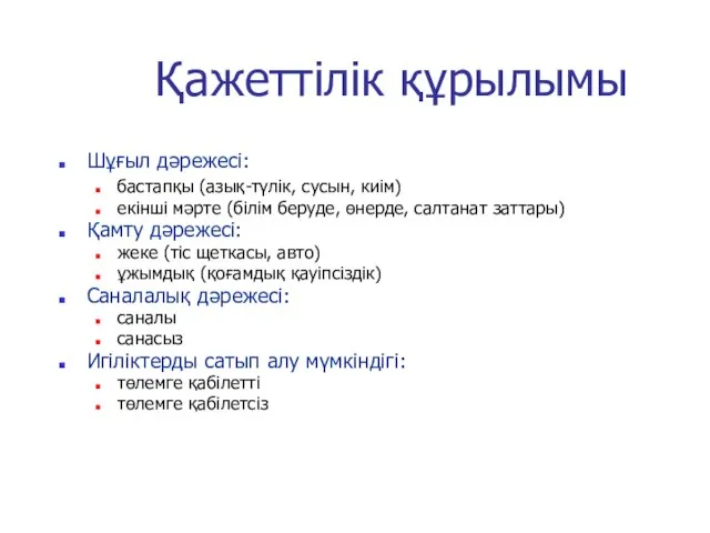 Қажеттілік құрылымы Шұғыл дәрежесі: бастапқы (азық-түлік, сусын, киім) екінші мәрте (білім