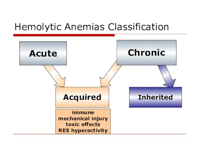 Hemolytic Anemias Classification Acute Chronic Acquired Inherited immune mechanical injury toxic effects RES hyperactivity