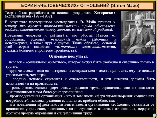 Теория была разработана на основе результатов Хоторнских экспериментов (1927-1932). В результате