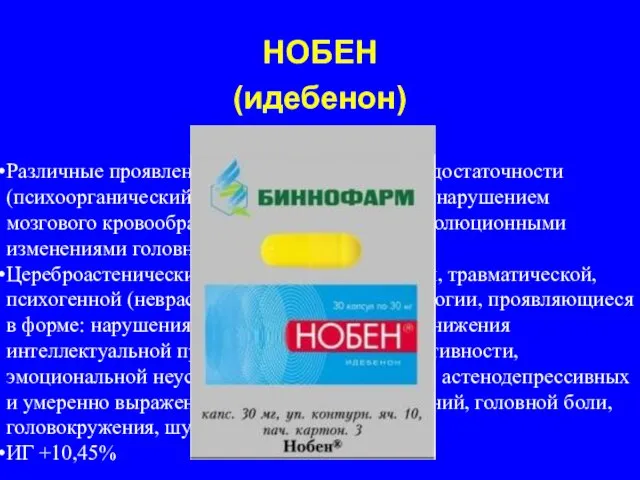 НОБЕН (идебенон) Различные проявления цереброваскулярной недостаточности (психоорганический синдром), обусловленные нарушением мозгового