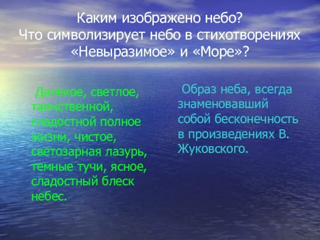 Каким изображено небо? Что символизирует небо в стихотворениях «Невыразимое» и «Море»?