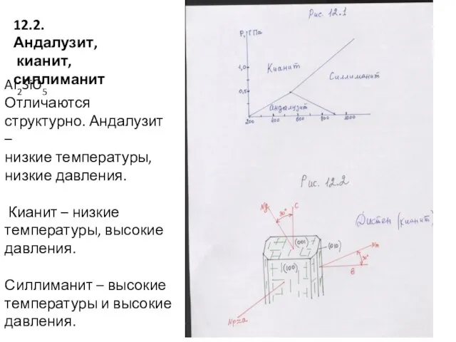 12.2. Андалузит, кианит, силлиманит Al2SiO5 Отличаются структурно. Андалузит – низкие температуры,