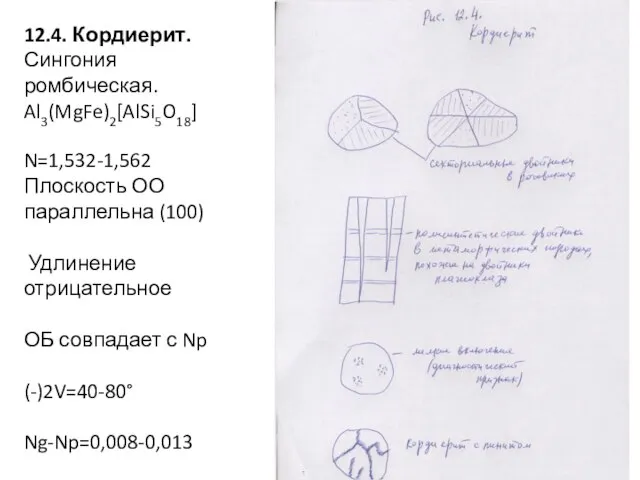 12.4. Кордиерит. Сингония ромбическая. Al3(MgFe)2[AlSi5O18] N=1,532-1,562 Плоскость ОО параллельна (100) Удлинение