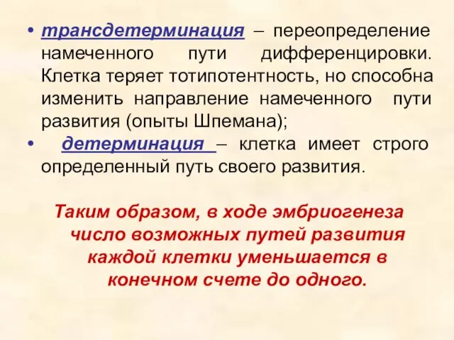 трансдетерминация – переопределение намеченного пути дифференцировки. Клетка теряет тотипотентность, но способна