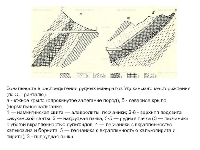 Зональность в распределении рудных минералов Удоканского месторождения (по Э. Гринталю). а