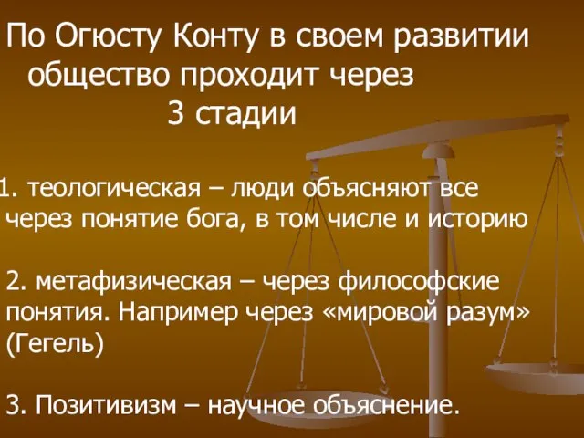 По Огюсту Конту в своем развитии общество проходит через 3 стадии