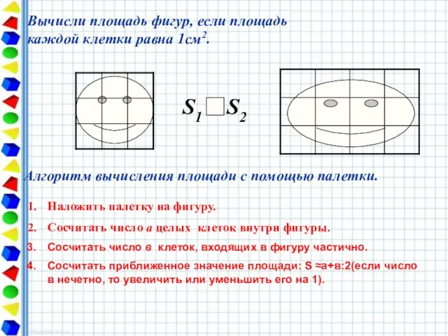 Вычисли площадь фигур, если площадь каждой клетки равна 1см2. Алгоритм вычисления