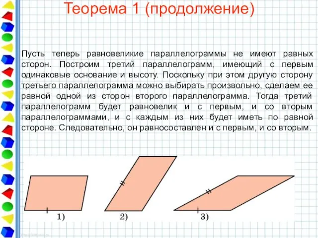 Теорема 1 (продолжение) Пусть теперь равновеликие параллелограммы не имеют равных сторон.