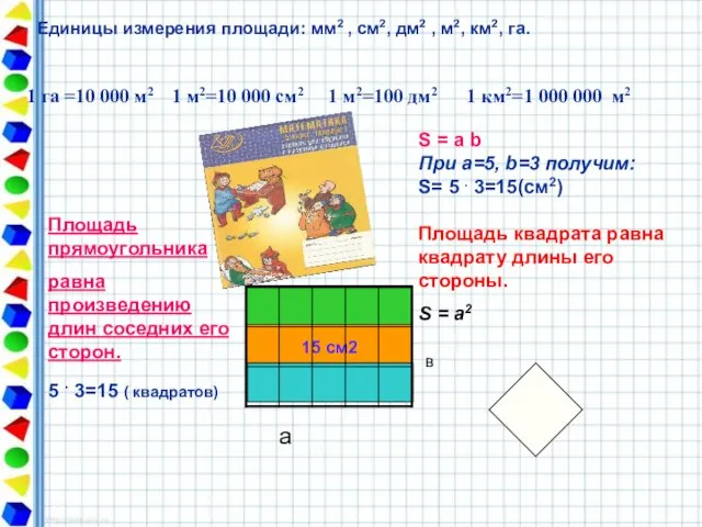 Единицы измерения площади: мм2 , см2, дм2 , м2, км2, га.