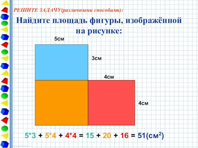 Найдите площадь фигуры, изображённой на рисунке: 5см 3см 4см 4см 5*3