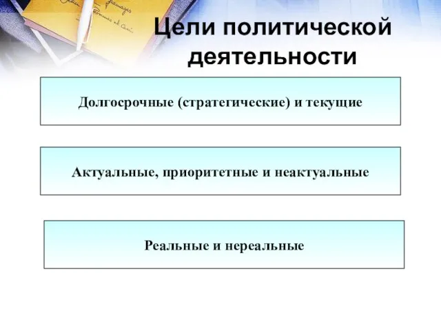 Цели политической деятельности Долгосрочные (стратегические) и текущие Актуальные, приоритетные и неактуальные Реальные и нереальные