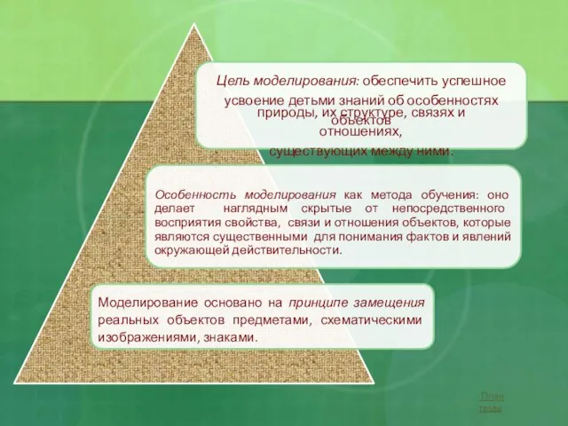 Цель моделирования: обеспечить успешное усвоение детьми знаний об особенностях объектов природы,