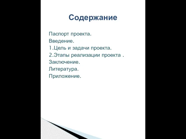 Паспорт проекта. Введение. 1.Цель и задачи проекта. 2.Этапы реализации проекта . Заключение. Литература. Приложение. Содержание