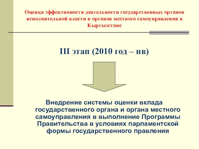 III этап (2010 год – нв) Внедрение системы оценки вклада государственного