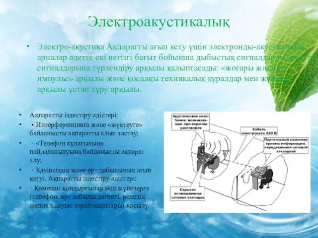 Электроакустикалық Ақпаратты іздестіру әдістері: • Интерференцияға және «жүктеуге» байланысты ақпаратты алып