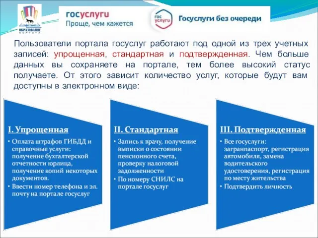 Пользователи портала госуслуг работают под одной из трех учетных записей: упрощенная,