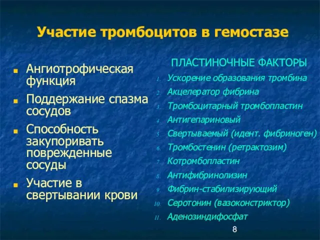 Участие тромбоцитов в гемостазе Ангиотрофическая функция Поддержание спазма сосудов Способность закупоривать