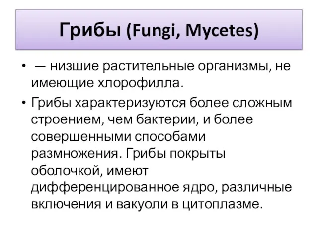 Грибы (Fungi, Mycetes) — низшие растительные организмы, не имеющие хлорофилла. Грибы