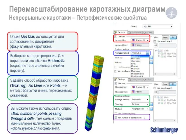 Перемасштабирование каротажных диаграмм Непрерывные каротажи – Петрофизические свойства Задайте способ обработки