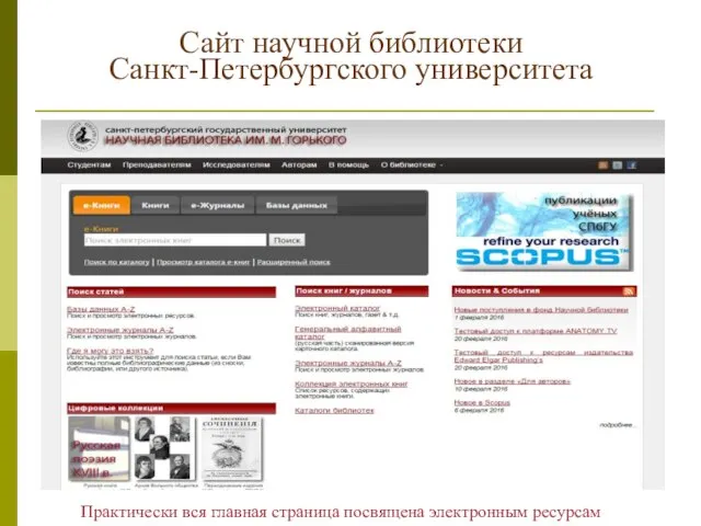 Сайт научной библиотеки Санкт-Петербургского университета Практически вся главная страница посвящена электронным ресурсам