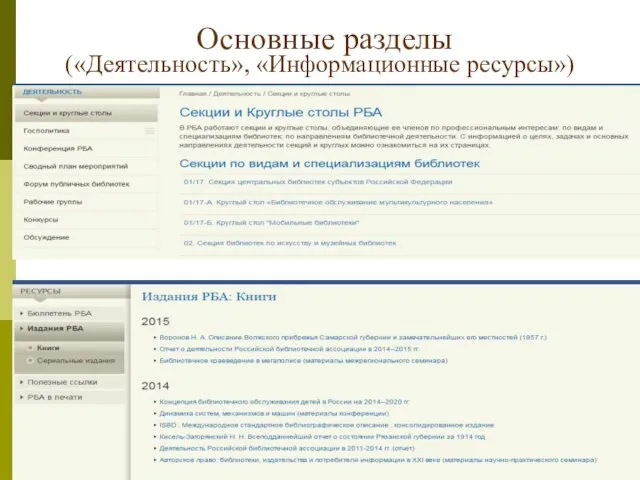 Основные разделы («Деятельность», «Информационные ресурсы»)