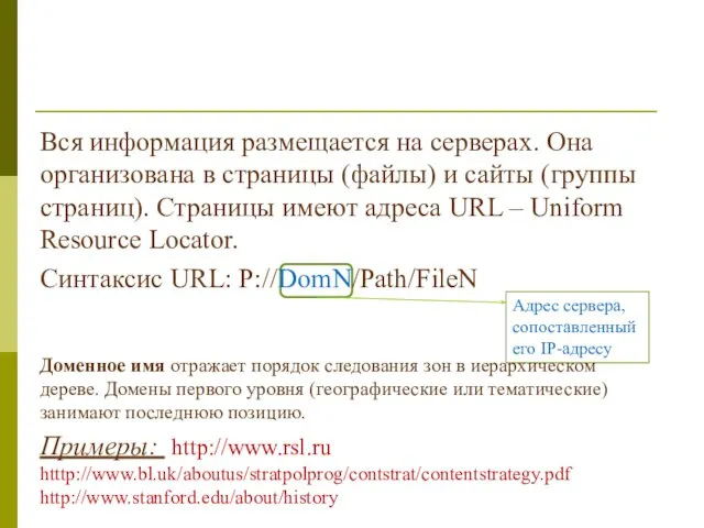 Адрес сервера, сопоставленный его IP-адресу Вся информация размещается на серверах. Она