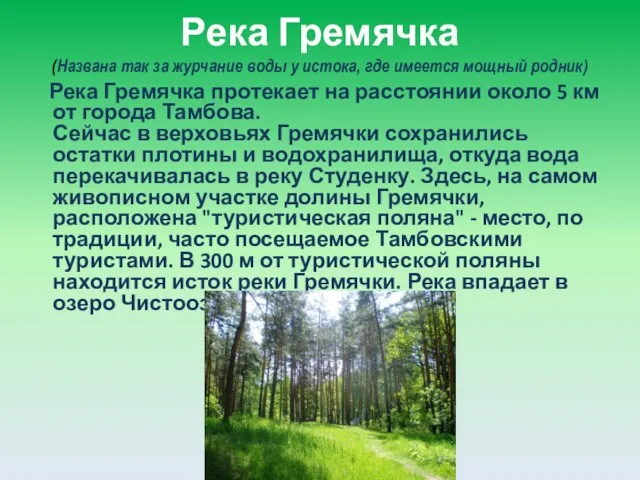 Река Гремячка (Названа так за журчание воды у истока, где имеется