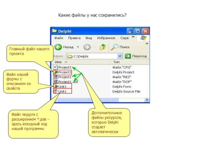 Какие файлы у нас сохранились? Файл модуля с расширением *.pas –