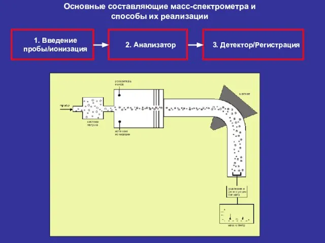 2. Анализатор 3. Детектор/Регистрация 1. Введение пробы/ионизация Основные составляющие масс-спектрометра и способы их реализации