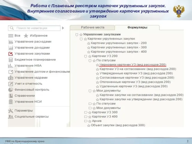 УФК по Краснодарскому краю http://krasnodar.roskazna.ru 2 Работа с Плановым реестром карточек