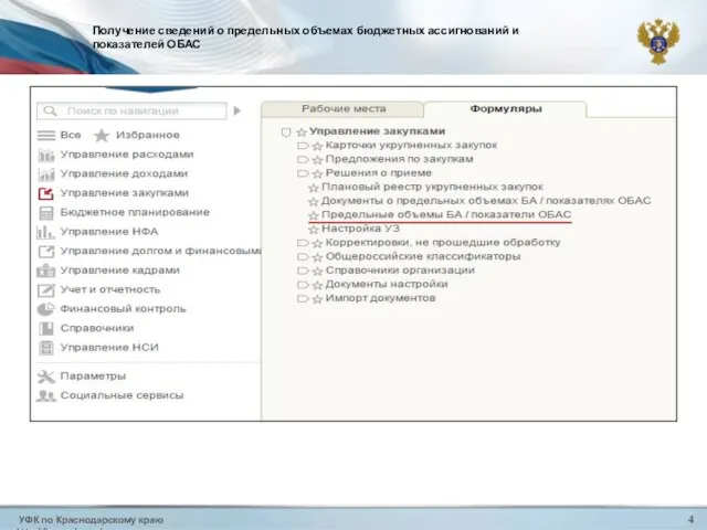 УФК по Краснодарскому краю http://krasnodar.roskazna.ru 4 Получение сведений о предельных объемах бюджетных ассигнований и показателей ОБАС