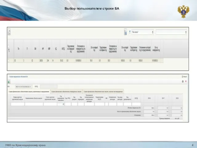 УФК по Краснодарскому краю http://krasnodar.roskazna.ru 4 Выбор пользователем строки БА