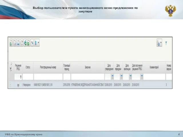 УФК по Краснодарскому краю http://krasnodar.roskazna.ru 4 Выбор пользователем пункта навигационного меню предложения по закупкам