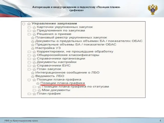 УФК по Краснодарскому краю http://krasnodar.roskazna.ru 4 Авторизация и вход учреждения в подсистему «Позиции планов-графиков»