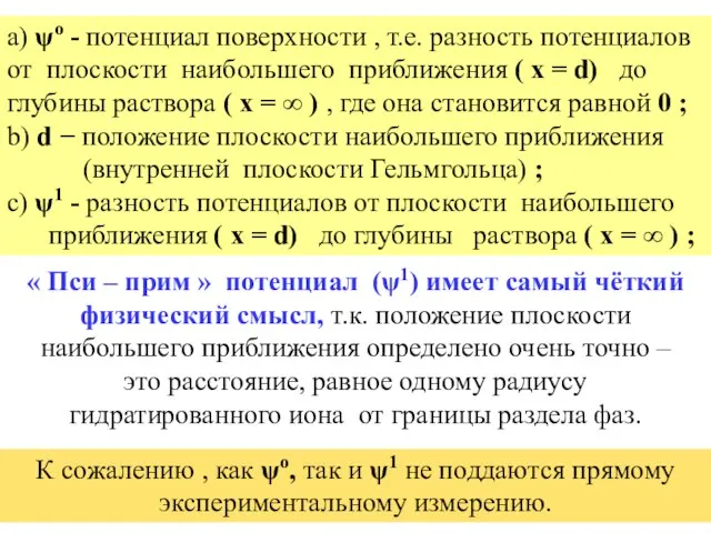 а) ψо - потенциал поверхности , т.е. разность потенциалов от плоскости