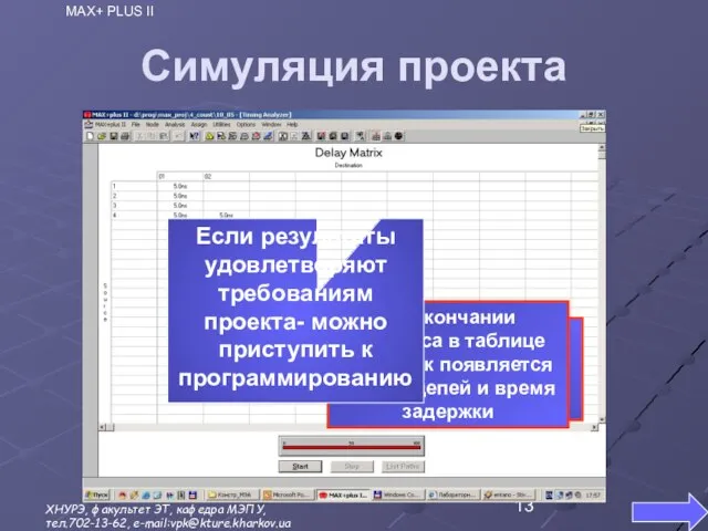 Симуляция проекта Для запуска нажать кнопку START По окончании процесса в