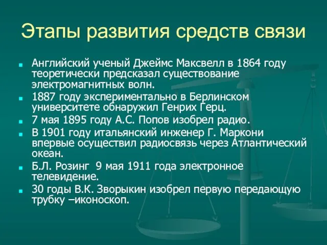 Этапы развития средств связи Английский ученый Джеймс Максвелл в 1864 году